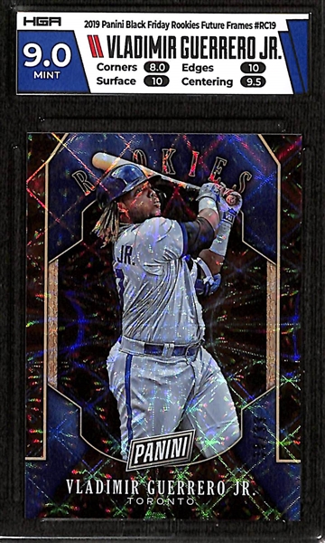 Lot of (3) Vladimir Guerrero Jr Cards- 2021 Topps Transcendent VIP 1/1 (SGC 9), 2019 Black Friday Rookie (#/99) (HGA 9), 2021 Topps Project 70